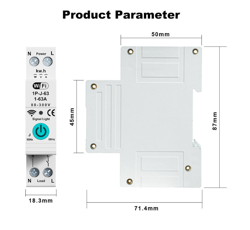 Tuya WiFi Smart Circuit Breaker Commutateur de mesure à phase unique sur le contrôle à distance mobile actuel Températeur à fonctions multiples