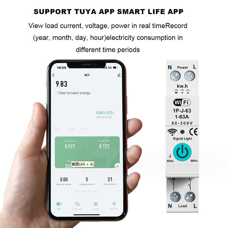 Tuya WiFi Smart Circuit Breaker Commutateur de mesure à phase unique sur le contrôle à distance mobile actuel Températeur à fonctions multiples