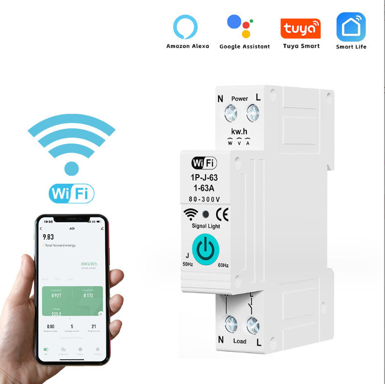 Tuya WiFi Smart Circuit Breaker Commutateur de mesure à phase unique sur le contrôle à distance mobile actuel Températeur à fonctions multiples
