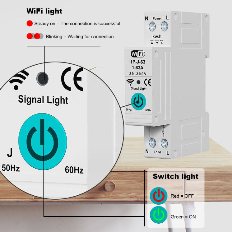 Tuya WiFi Smart Circuit Breaker Commutateur de mesure à phase unique sur le contrôle à distance mobile actuel Températeur à fonctions multiples