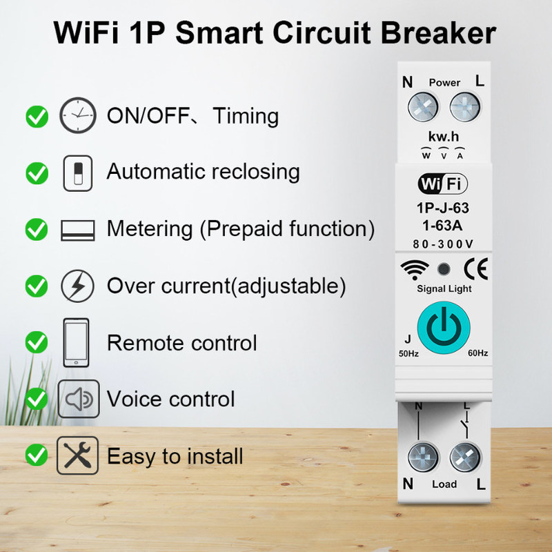 Tuya WiFi Smart Circuit Breaker Commutateur de mesure à phase unique sur le contrôle à distance mobile actuel Températeur à fonctions multiples