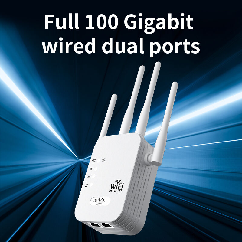 1200Mbps WiFi Extender Signal Booster, Dual Band 5G/2.4G Wireless Repeater with 4 Antennas, Dual Ethernet Ports, Wall-Through Coverage for Home & Office (Black/White)