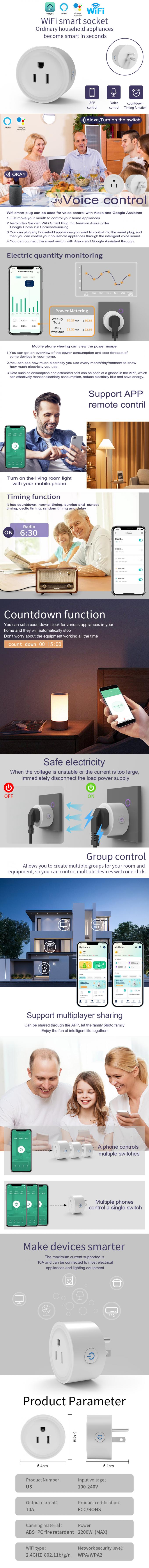 prise de puissance intelligente de Wifi de contrôle de Romote d'APPLI de la prise 2000W Tuya de 60Hz WiFi 0